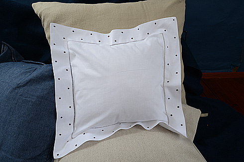 Hemstitch Square Baby Pillow 12x12" Chocolate color Polka Dots - Click Image to Close